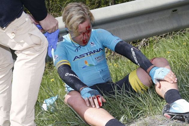 Thumbnail Credit (cycling.today): Michael Valgren crashed out badly with 65 km to go at the Flche Wallonne.