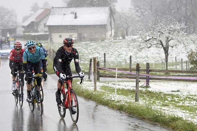 Stefan Kung snowy stage Tour de Romandie