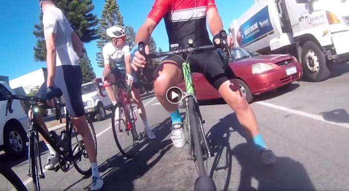 Lucky cyclists narrowly avoid injury after a car tries to overtake them