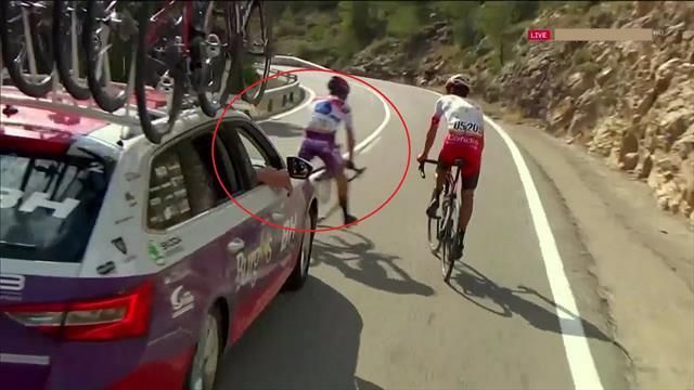 Watch: Angel Madrazo hit by own team car before winning the stage