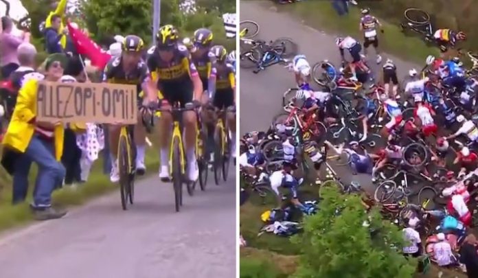 Watch: Spectator causes a massive crash on stage 1 of the Tour ...